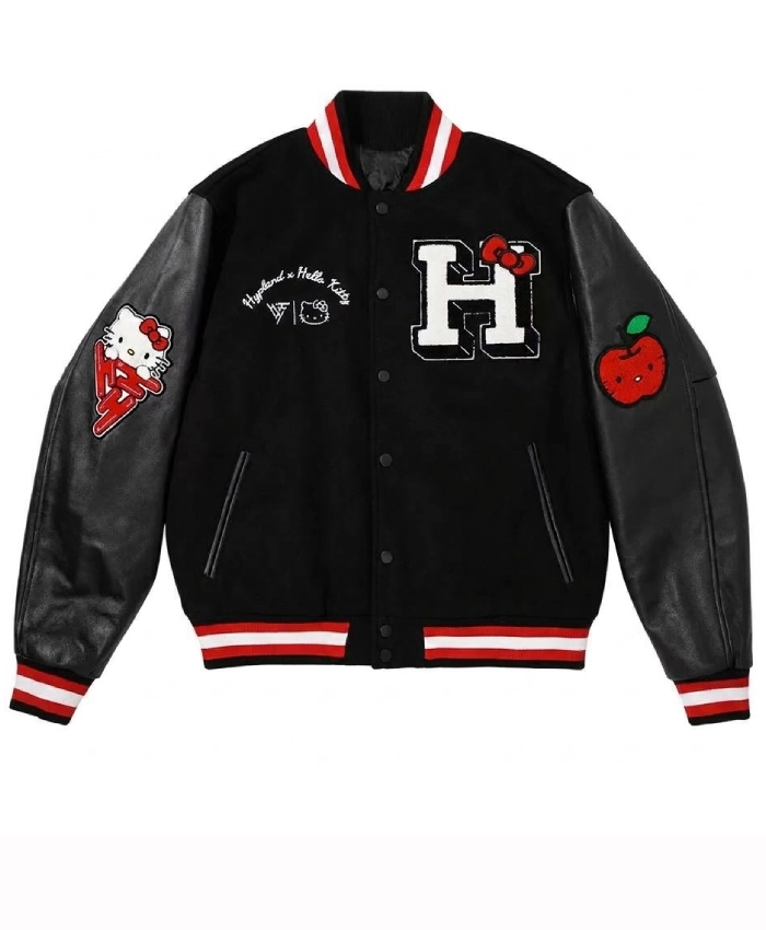 Hypland X Hello Kitty Apples Wool with Leather Sleeves Black Varsity Jacket