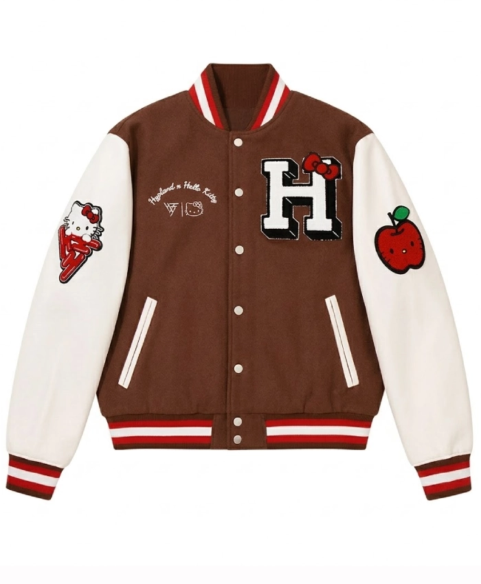 Hypland X Hello Kitty Apples Wool with Leather Sleeves Brown Varsity Jacket