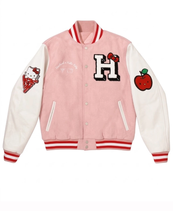 Hypland X Hello Kitty Apples Wool with Leather Sleeves Pink Varsity Jacket