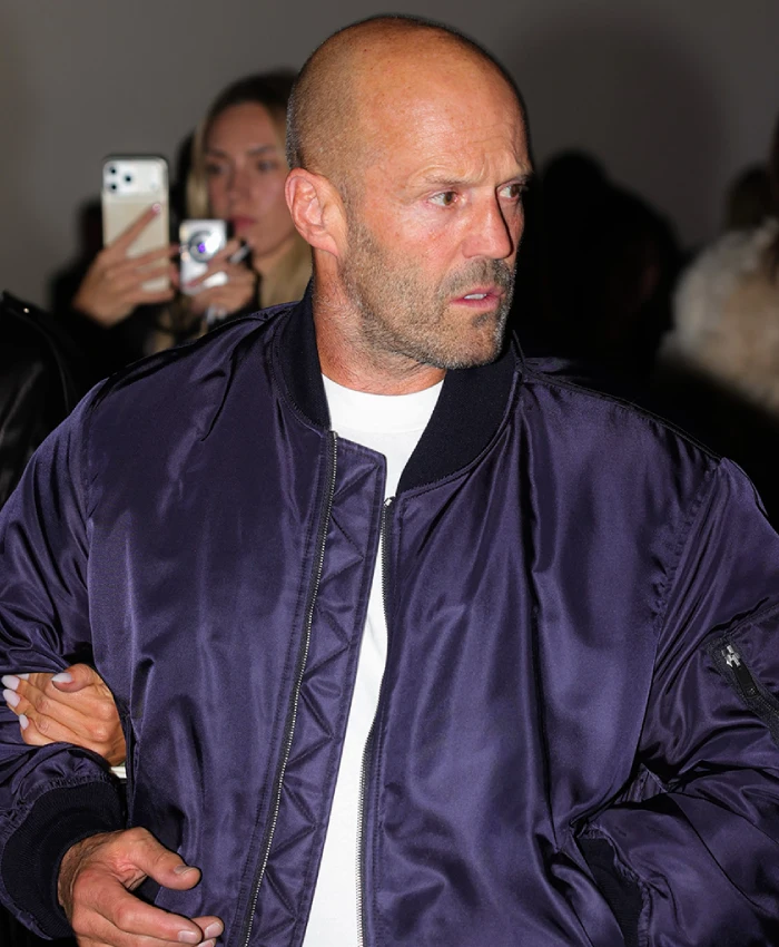 London Fashion Week Jason Statham Blue Satin Bomber Jacket