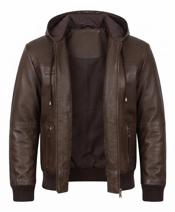 Men’s Brown Hooded Leather Bomber Jacket - Image 4