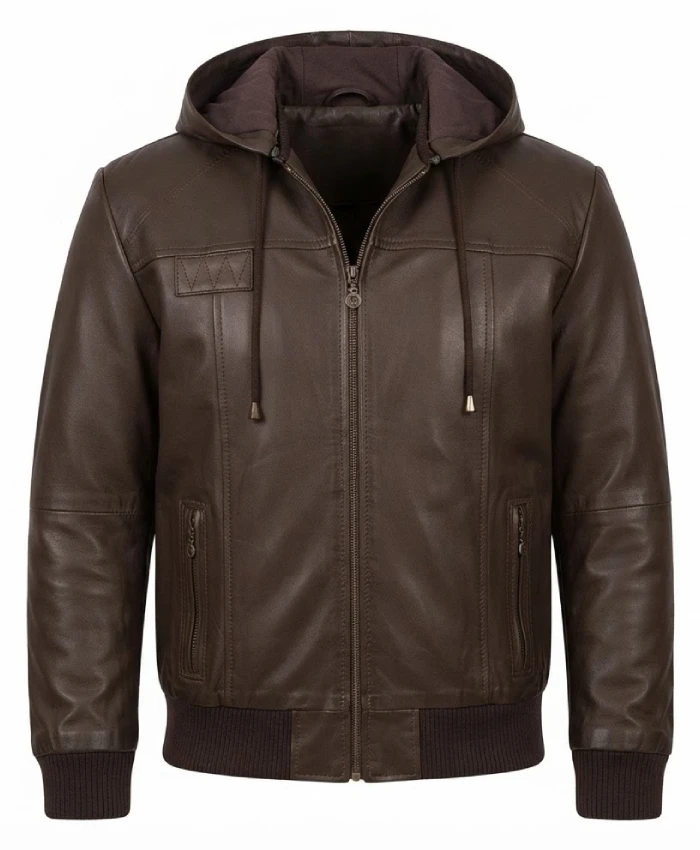 Mens Brown Hooded Leather Bomber Jacket Sale