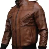 Mens Hooded Brown Leather Bomber Jacket
