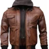 Mens Hooded Brown Leather Bomber Jacket On Sale