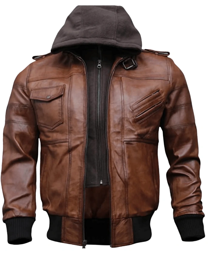 Mens Hooded Brown Leather Bomber Jacket On Sale