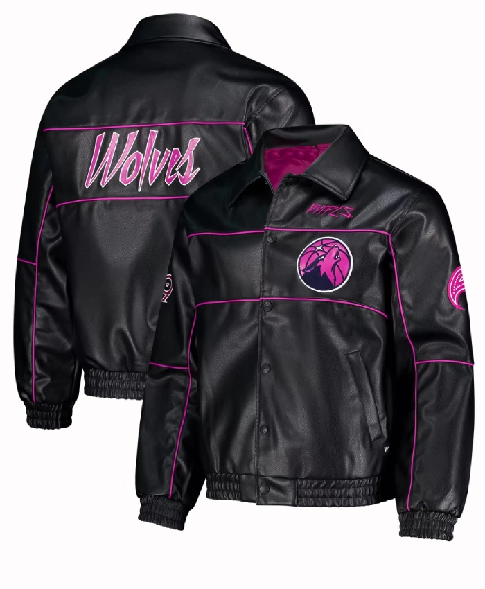 Minnesota Timberwolves The Wild Collective Full Snap Black Leather Jacket
