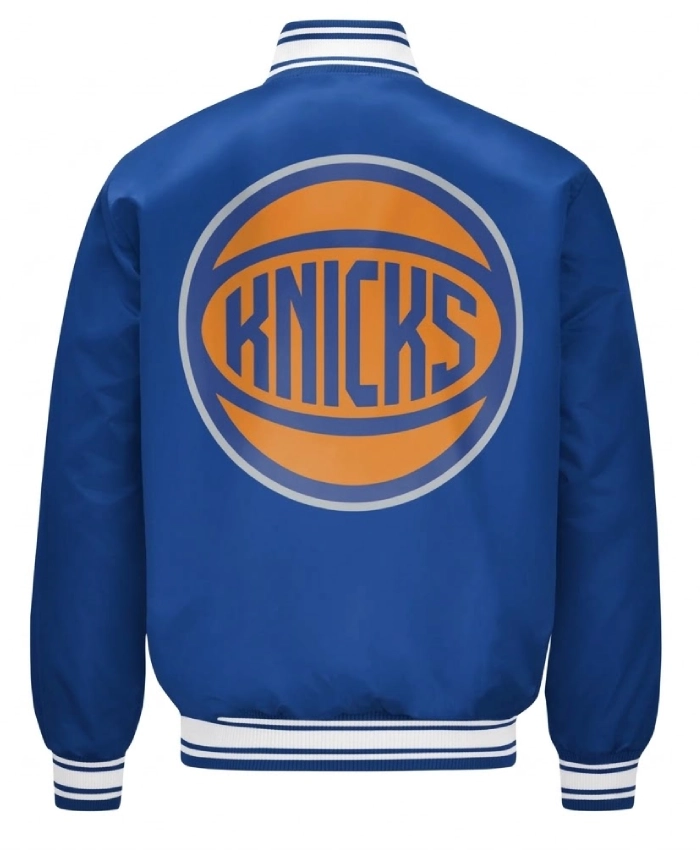 NY Knicks Printed Graphic Basketball Royal Varsity Satin Jacket Sale