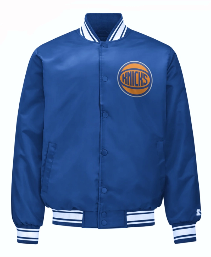 NY Knicks Printed Graphic Basketball Royal Varsity Satin Jacket