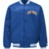 NY Knicks Printed Graphic Royal Varsity Satin Jacket