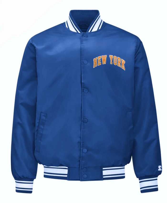 NY Knicks Printed Graphic Royal Varsity Satin Jacket