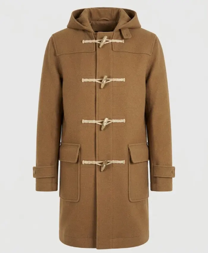 Mens Camel Brown Hooded Duffle Wool Coat