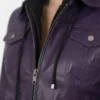 Women's Purple Removable Hood Leather Jacket