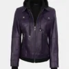 Women's Purple Removable Hood Leather Jacket