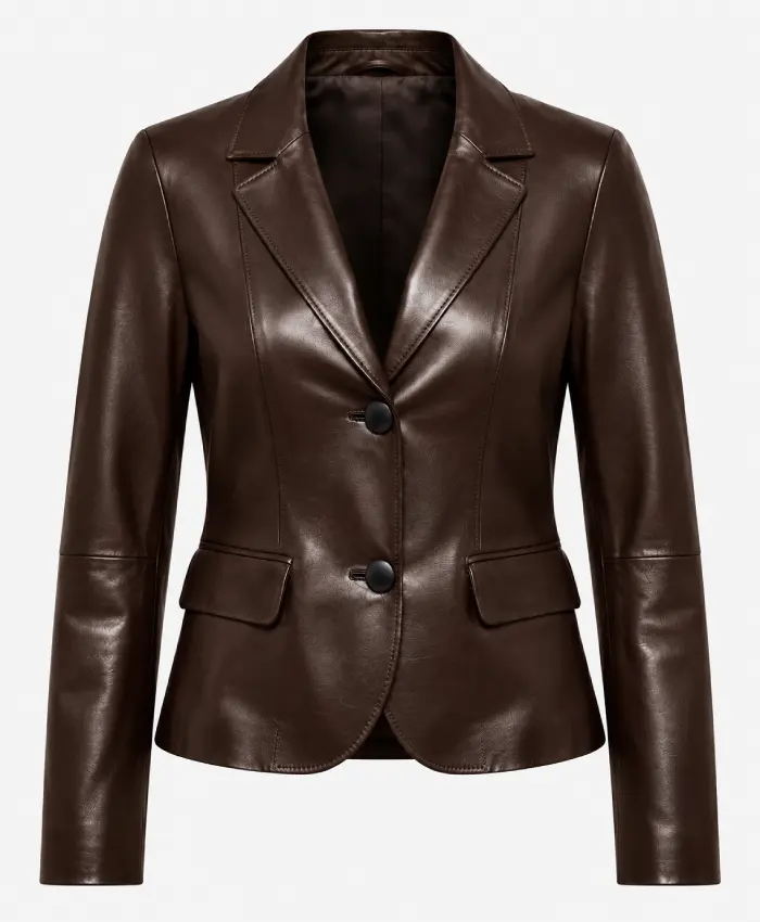 Women's Dark Brown Two Button Leather Blazer