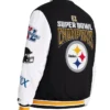 Playoffs Pittsburgh Steelers Full Snap Black and White Satin Varsity Jacket