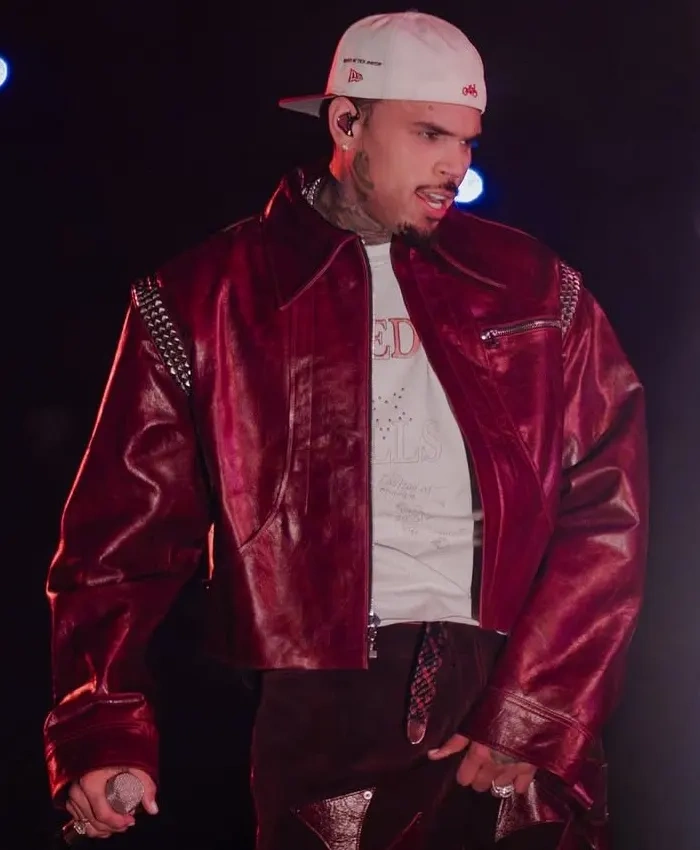 Shop Now Chris Brown R and B Tour Burgundy Leather Jacket