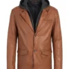 Simeon Mens Hooded Cognac Leather Jacket