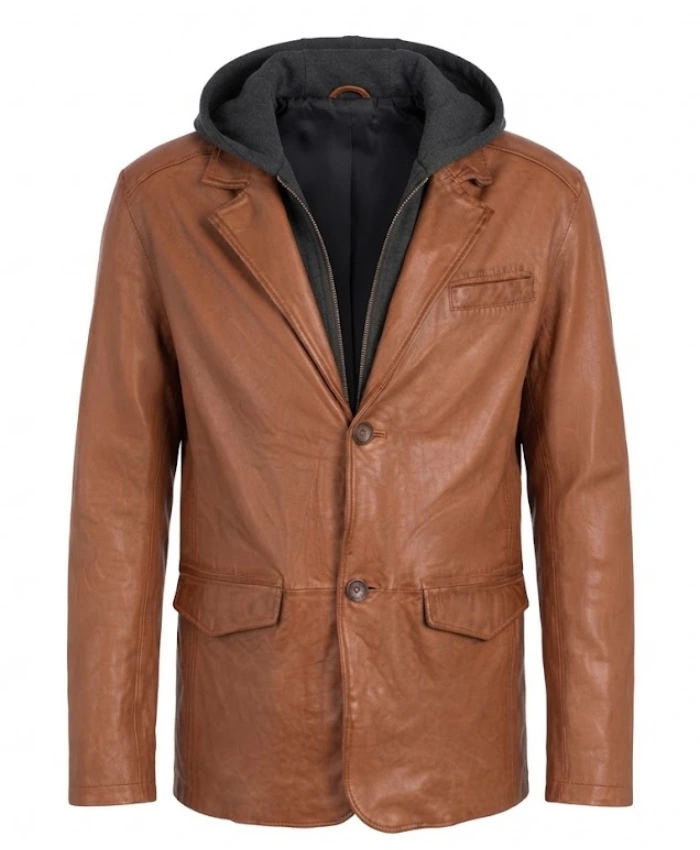 Simeon Mens Hooded Cognac Leather Jacket