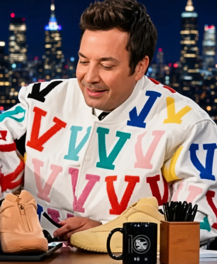 Tonight Show Jimmy Fallon Season 12 Immortal White Leather Varsity Jacket