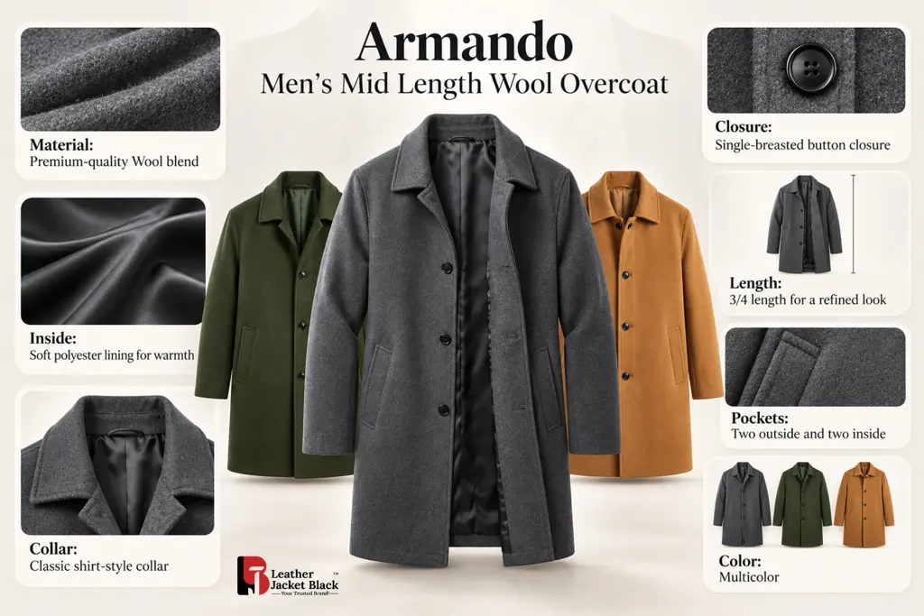 Armando Men's Mid Length Wool Overcoat